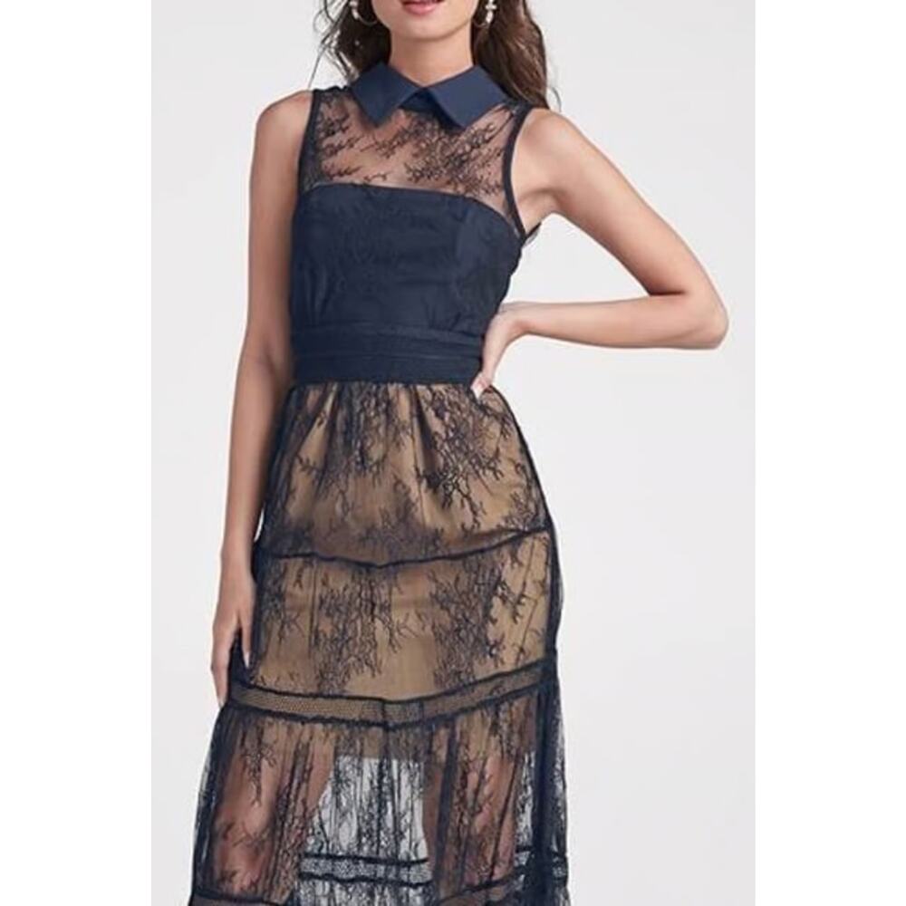 Venus Lace Overlay Collared Midi Dress Sleeveless Navy Size 4 Tiered